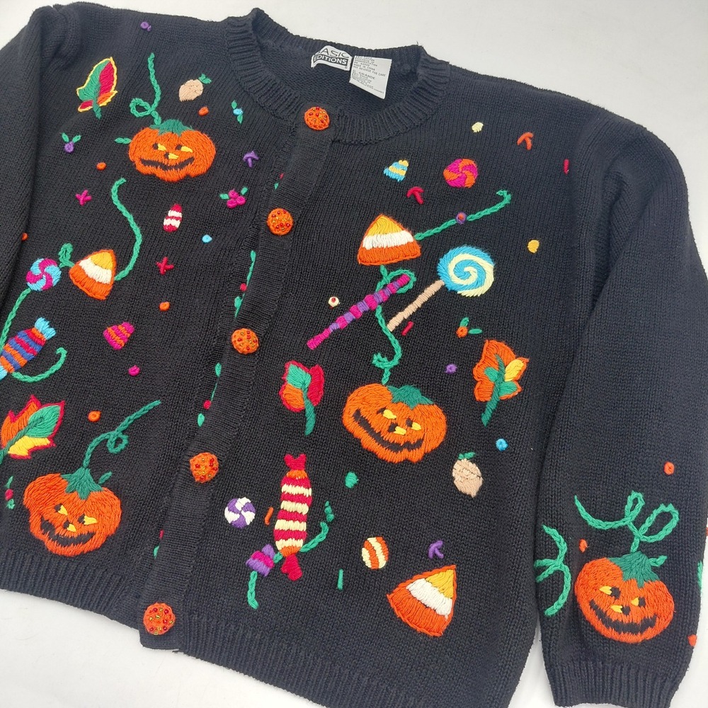 Halloween Pumpkin Candy Embroidered Cardigan L Black Grandma Festival Cottage